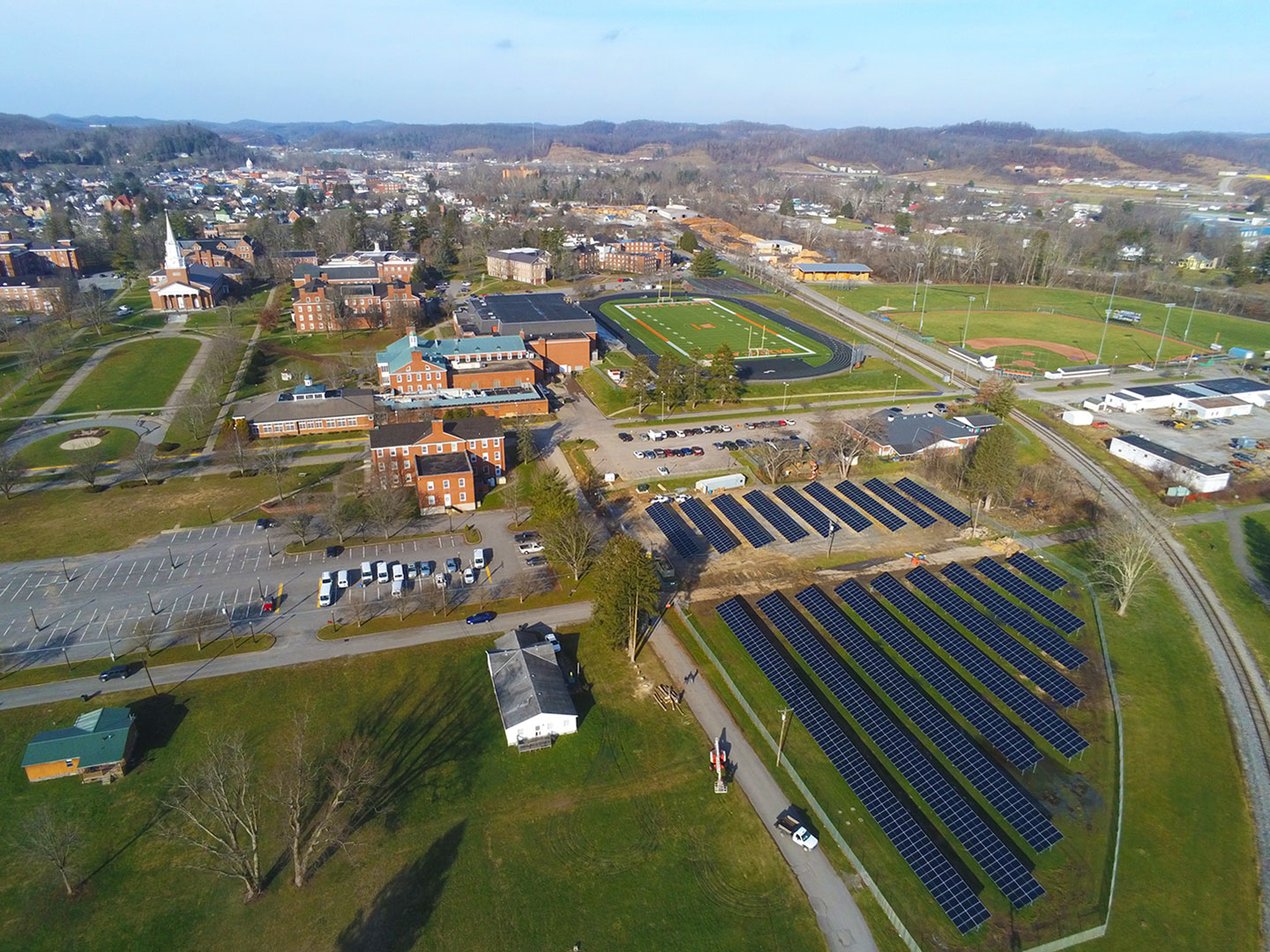Ariel view of college with solar panels