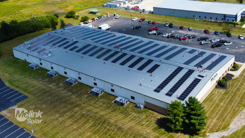 Aerial view of Millat Industries' rooftop solar array, designed and installed by Melink Solar.