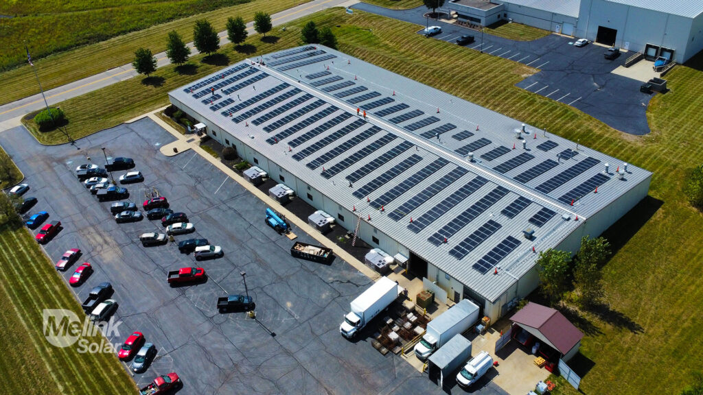 Aerial view of Millat Industries' rooftop solar array, designed and installed by Melink Solar.