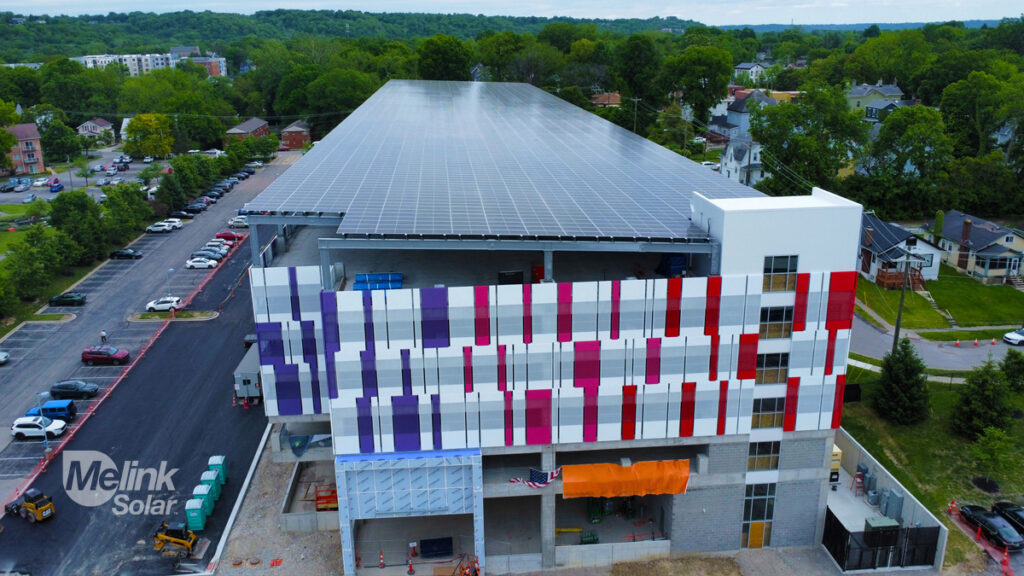 Medpace parking garage solar canopy, designed and installed by Melink Solar 