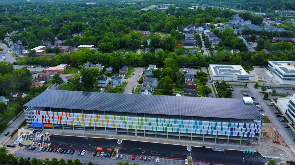Overhead view of Medpace parking garage solar canopy, designed and installed by Melink Solar 